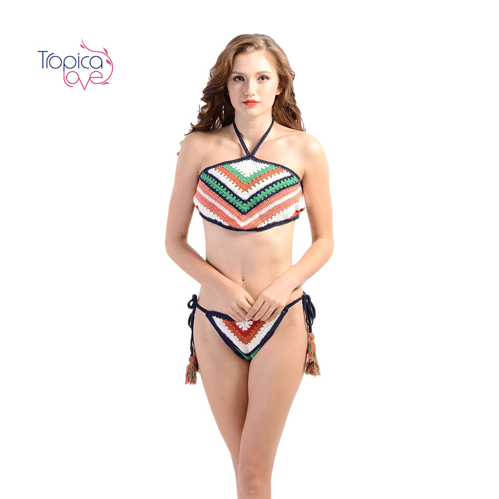 Colorful Chevron Crochet Bikini Set with Halter Neck, Tassel Details & High-Waisted Bottom