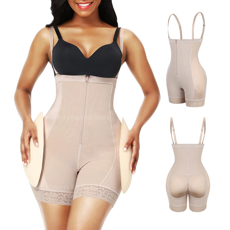 One-Piece Bodysuit with Zipper and Buttons Waist Cincher Butt Padding Sexy Body Shaper with Abdominal Compression and Butt Lift Shapewear