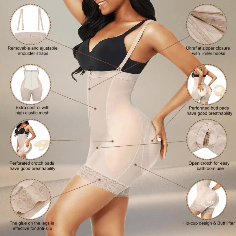 One-Piece Bodysuit with Zipper and Buttons Waist Cincher Butt Padding Sexy Body Shaper with Abdominal Compression and Butt Lift Shapewear