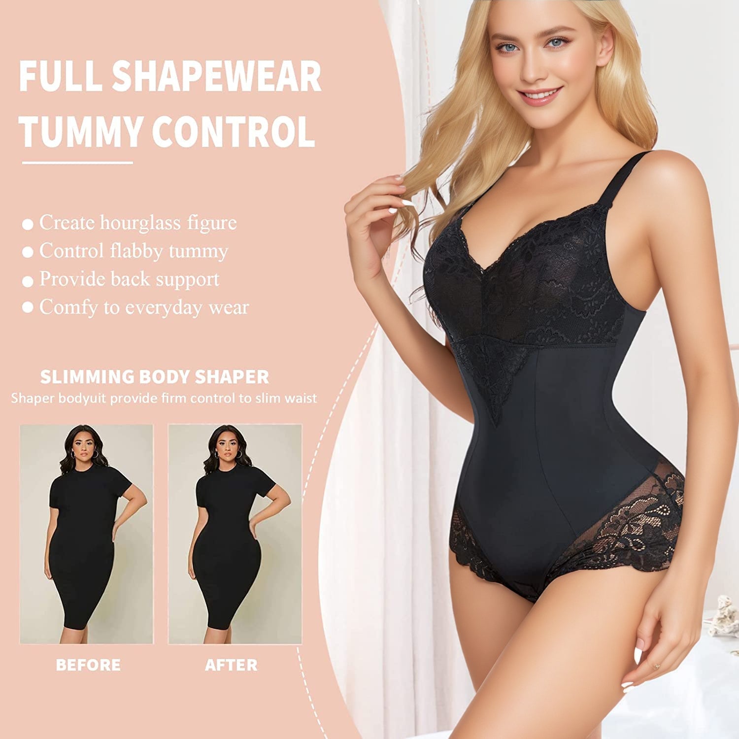 Lace Bodysuit V-Neck Shapewear with Adjustable Straps & Waist-Slimming Design Lingerie Outfit