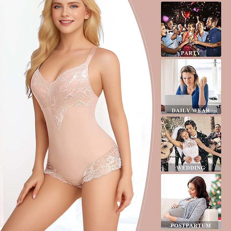 Lace Bodysuit V-Neck Shapewear with Adjustable Straps & Waist-Slimming Design Lingerie Outfit
