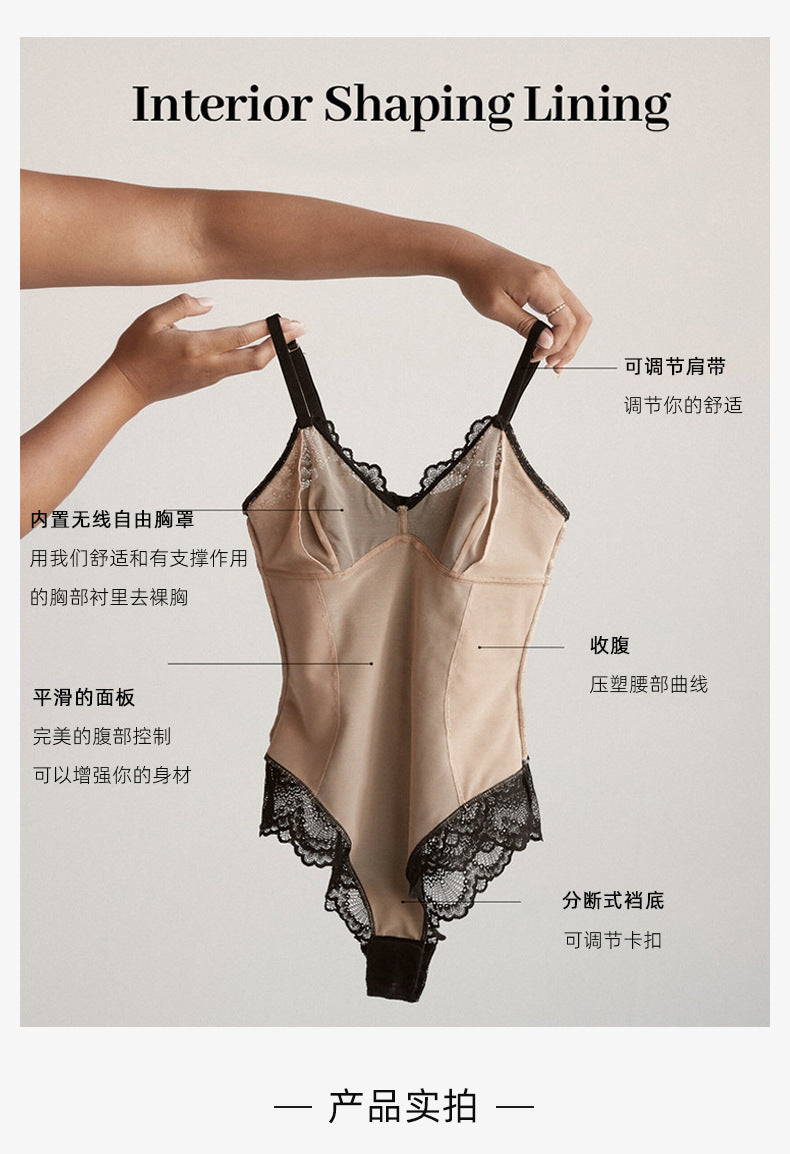 Lace Bodysuit V-Neck Shapewear with Adjustable Straps & Waist-Slimming Design Lingerie Outfit