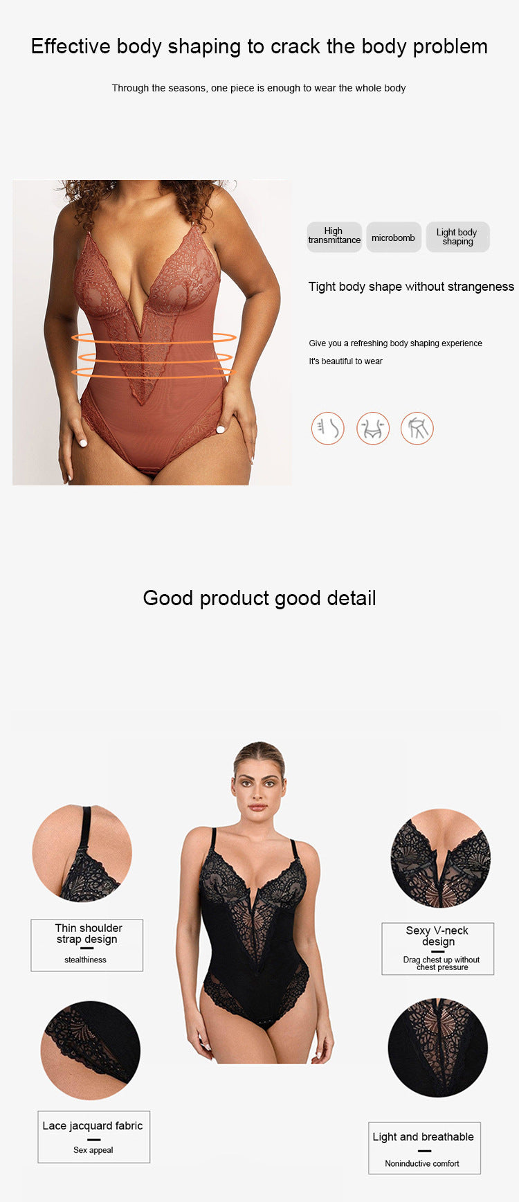 Curve Shaping Deep V Lace Bodysuit - Soft and Breathable