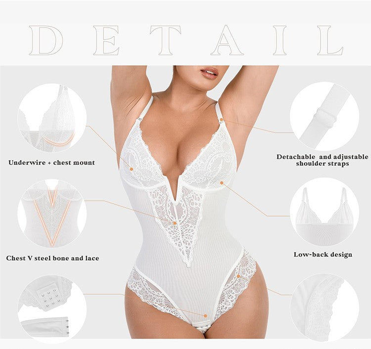 Curve Shaping Deep V Lace Bodysuit - Soft and Breathable