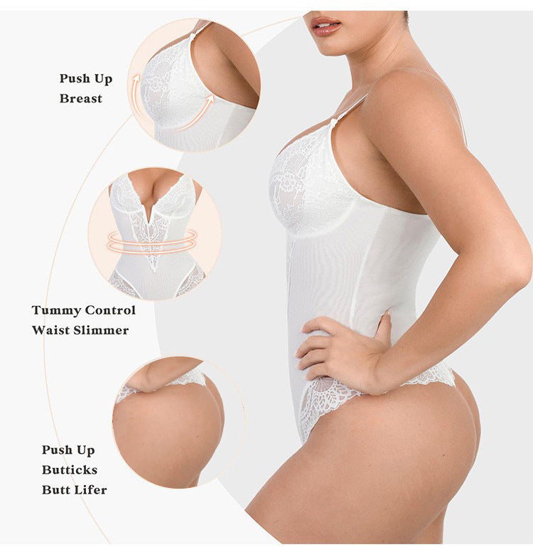 Curve Shaping Deep V Lace Bodysuit - Soft and Breathable